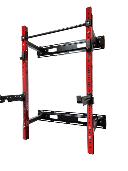 Rack à squat mural pliable 3x3, compact et robuste, idéal pour un entraînement à la maison.