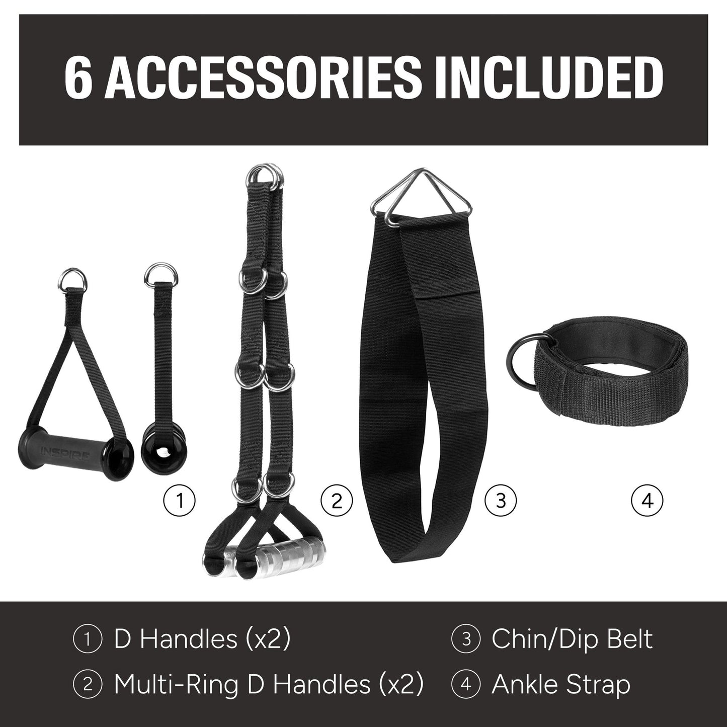 Ensemble d'accessoires inclus avec la machine Inspire SCS : poignées multi-anneaux, poignées rotatives, sangle de cheville et ceinture.