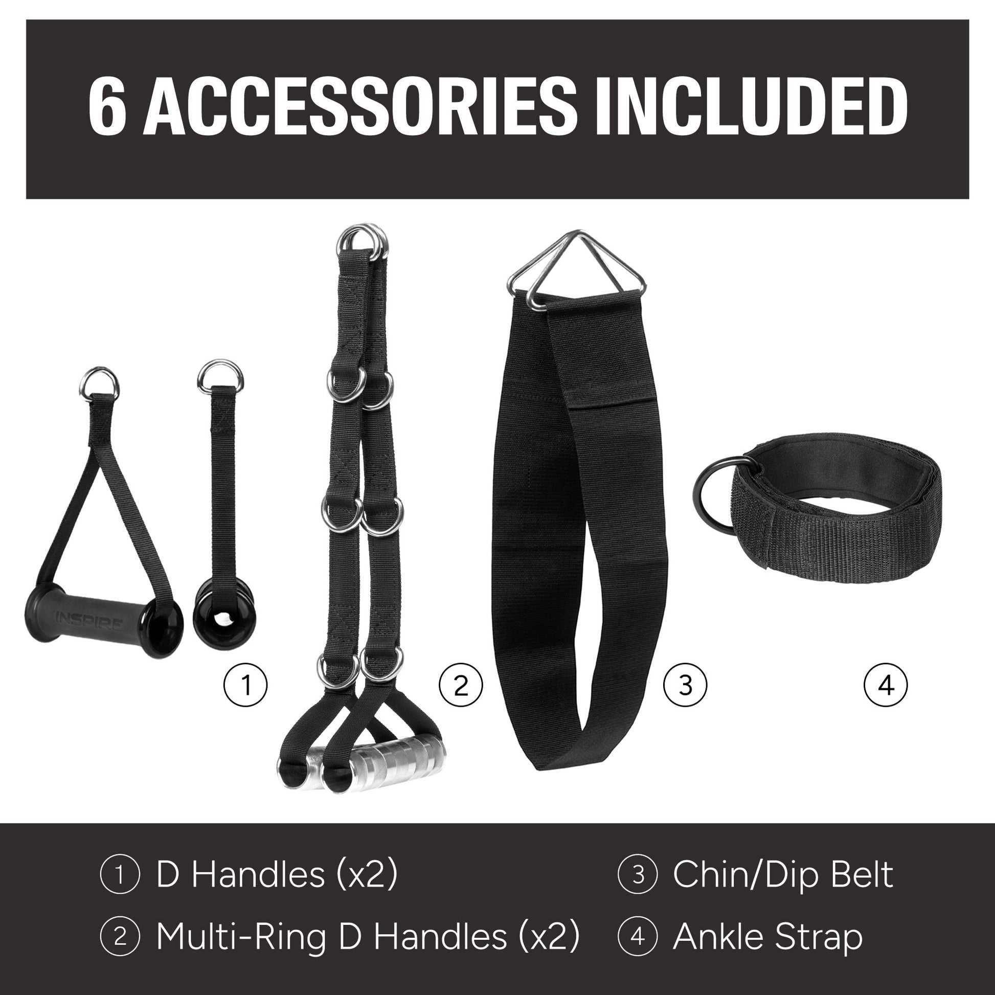 Ensemble d'accessoires inclus avec la machine Inspire SCS : poignées multi-anneaux, poignées rotatives, sangle de cheville et ceinture.