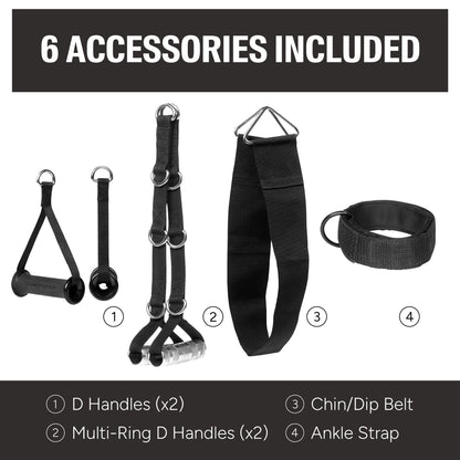 Ensemble d'accessoires inclus avec la machine Inspire SCS : poignées multi-anneaux, poignées rotatives, sangle de cheville et ceinture.