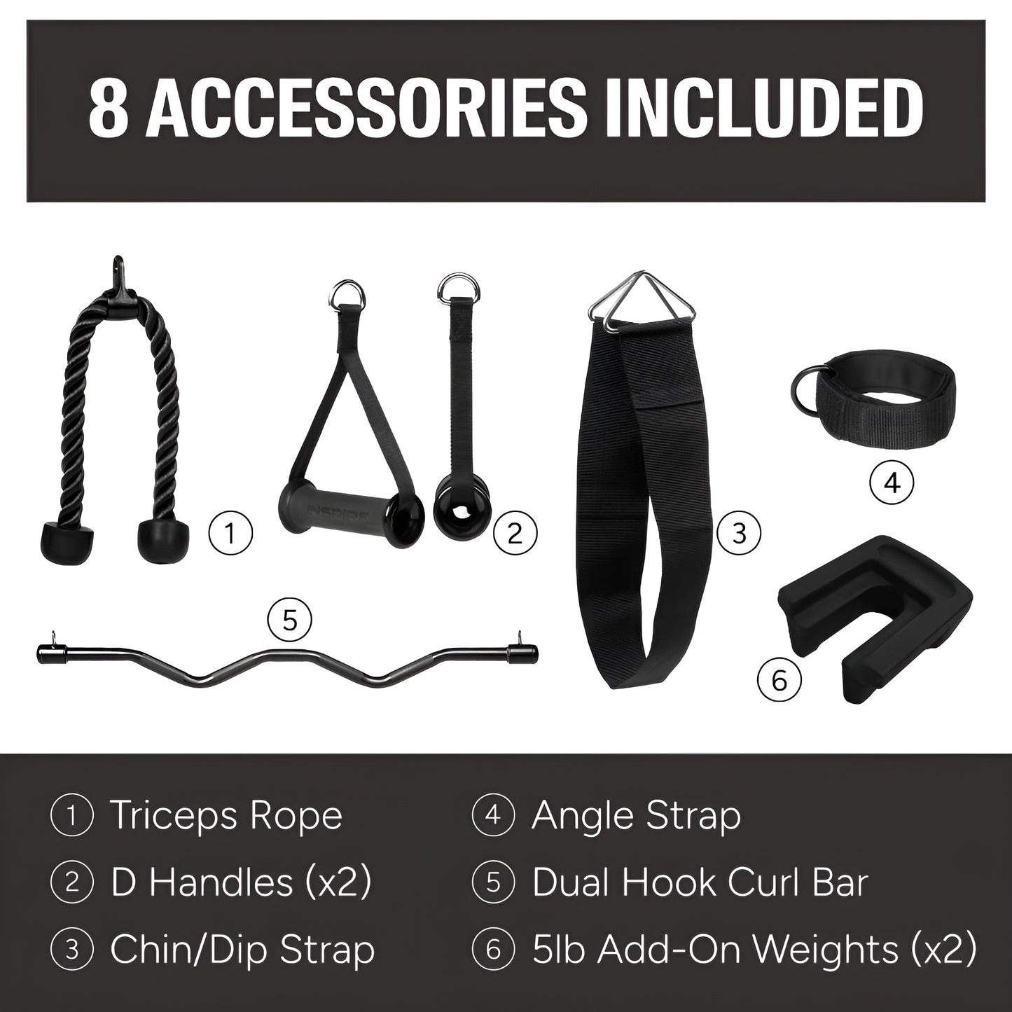 Liste visuelle des accessoires inclus avec le SF3 : barre de tirage, corde à triceps, sangle de cheville, poignées en D et autres.