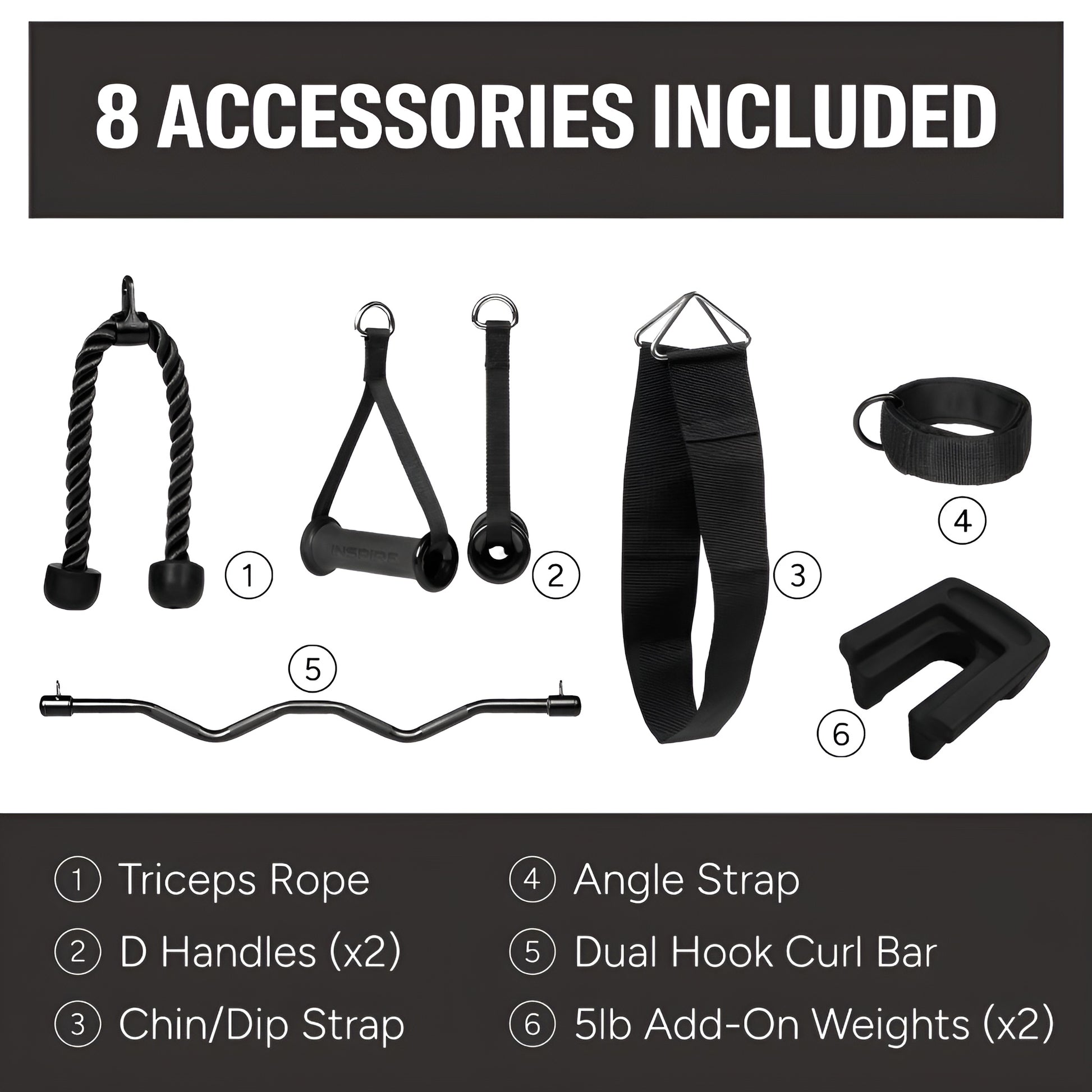 Liste visuelle des accessoires inclus avec le SF3 : barre de tirage, corde à triceps, sangle de cheville, poignées en D et autres.