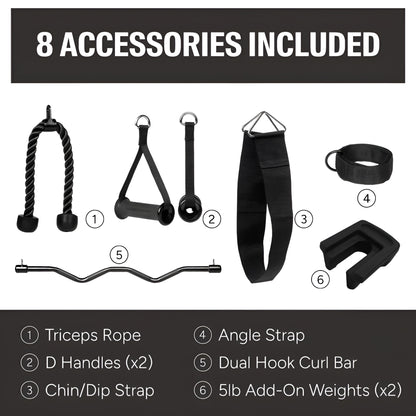 Liste visuelle des accessoires inclus avec le SF3 : barre de tirage, corde à triceps, sangle de cheville, poignées en D et autres.