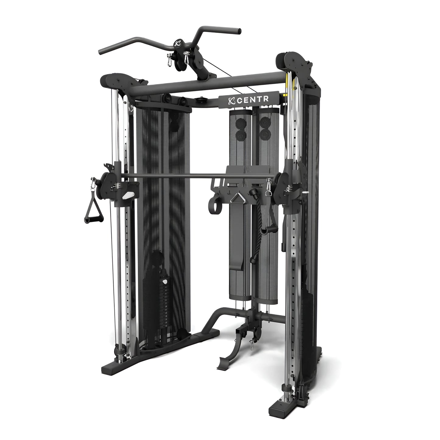 Vue de trois quarts de la machine d'entraînement tout-en-un Centr SF6, mettant en valeur son design compact, ses poulies ajustables et ses accessoires suspendus.