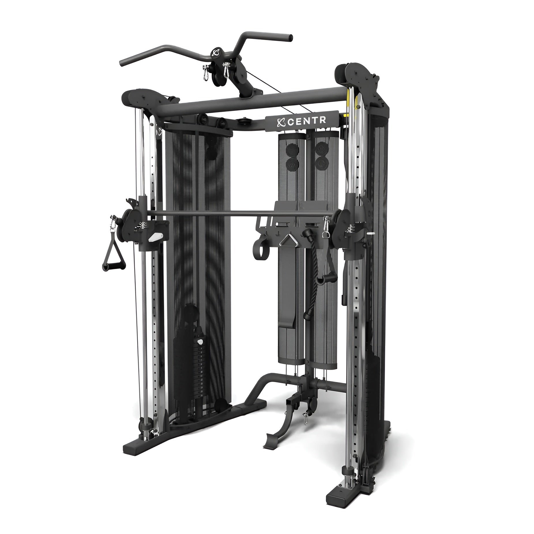 Vue de trois quarts de la machine d'entraînement tout-en-un Centr SF6, mettant en valeur son design compact, ses poulies ajustables et ses accessoires suspendus.