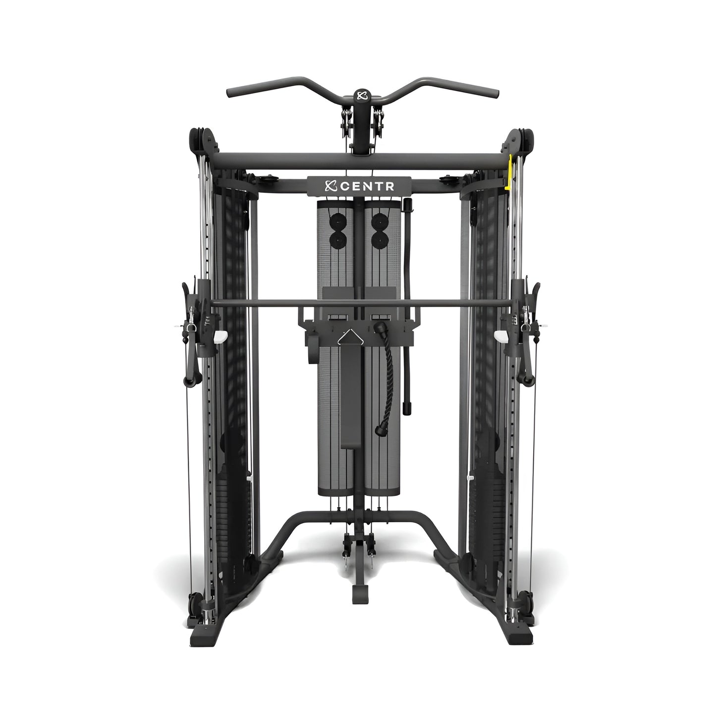 Vue de face du Centr Power Series SF6 Smith Functional Trainer, montrant sa structure noire mate, ses deux colonnes de poids, sa barre Smith intégrée et sa barre de traction.
