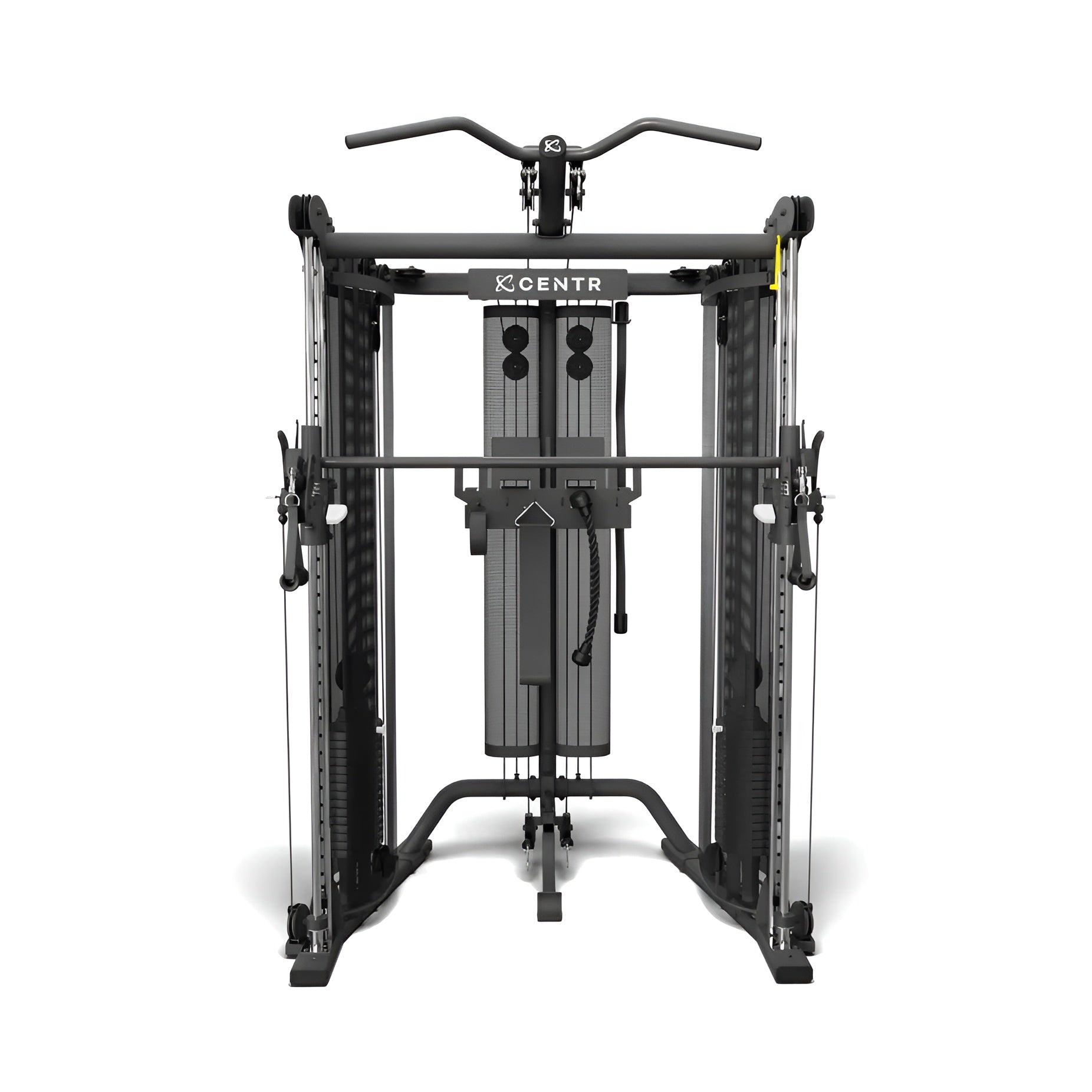 Vue de face du Centr Power Series SF6 Smith Functional Trainer, montrant sa structure noire mate, ses deux colonnes de poids, sa barre Smith intégrée et sa barre de traction.