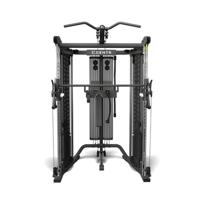 Vue de face du Centr Power Series SF6 Smith Functional Trainer, montrant sa structure noire mate, ses deux colonnes de poids, sa barre Smith intégrée et sa barre de traction.