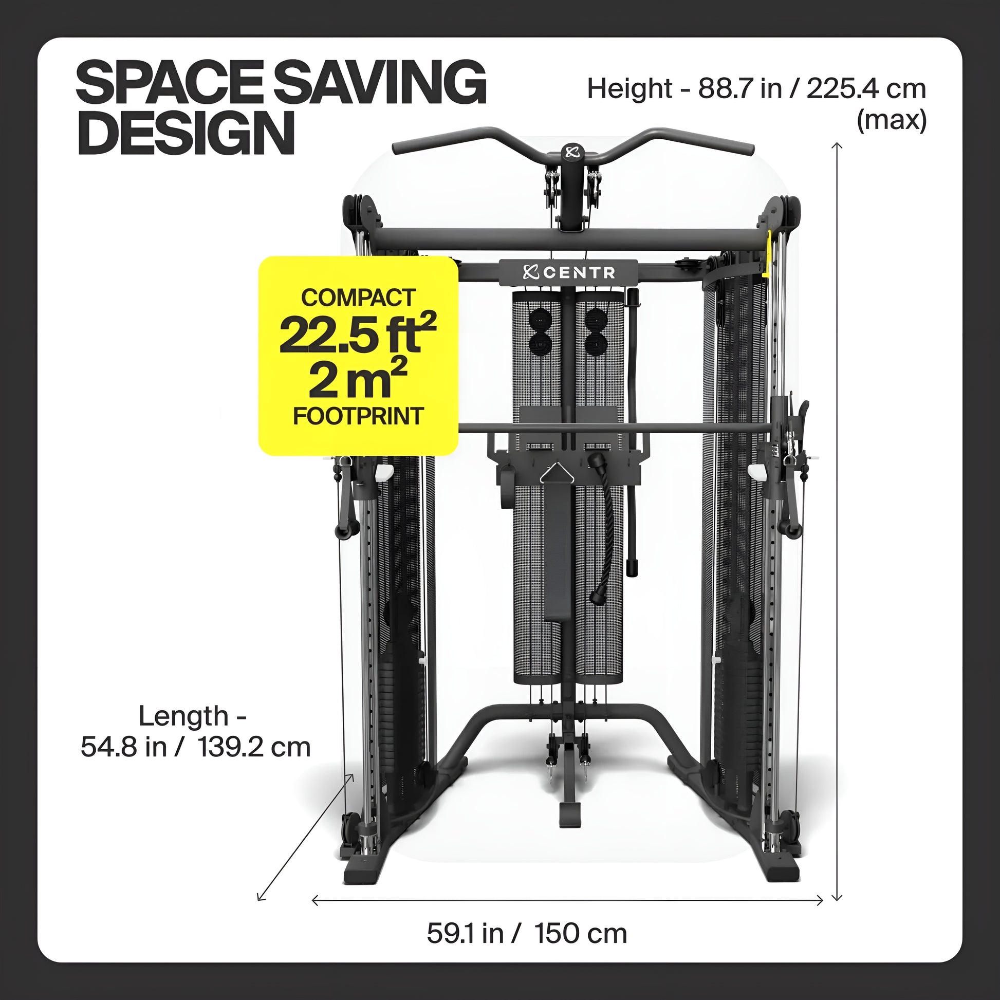 Infographie de la conception peu encombrante du Centr SF6, affichant les dimensions de la machine et son encombrement au sol de 22,5 pieds carrés.