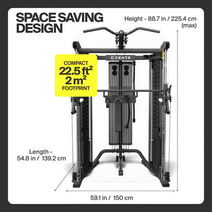 Infographie de la conception peu encombrante du Centr SF6, affichant les dimensions de la machine et son encombrement au sol de 22,5 pieds carrés.