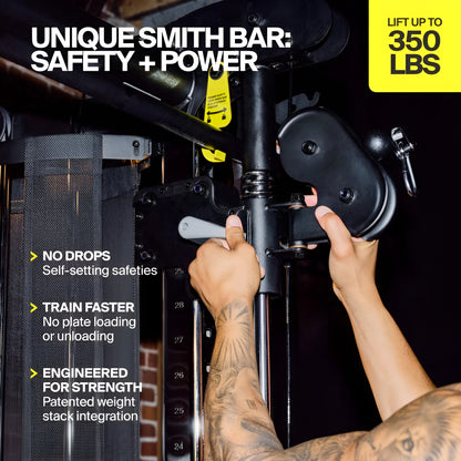Gros plan sur la barre Smith brevetée du Centr SF6 offrant jusqu'à 350 lb de résistance sécuritaire sans manipulation de plaques de poids.