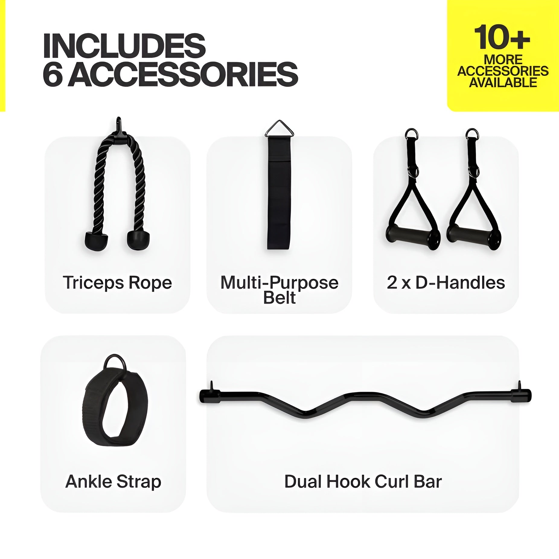 Grille présentant les 6 accessoires inclus avec le Centr SF6 : corde à triceps, sangle multifonction, 2 poignées en D, sangle de cheville et barre de curl double crochet.
