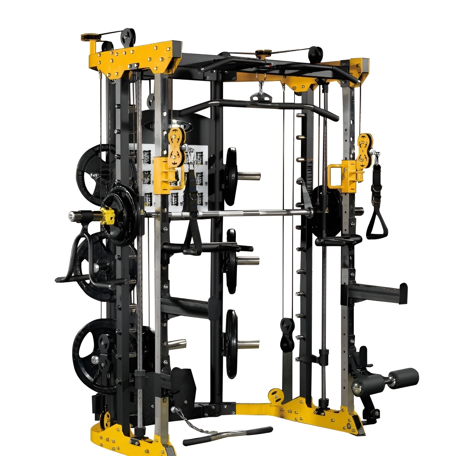 Machine Smith modèle PRO4 jaune. Photo intégrale démontrant ses multiples accessoires, poulies ajustables, et bien plus. 