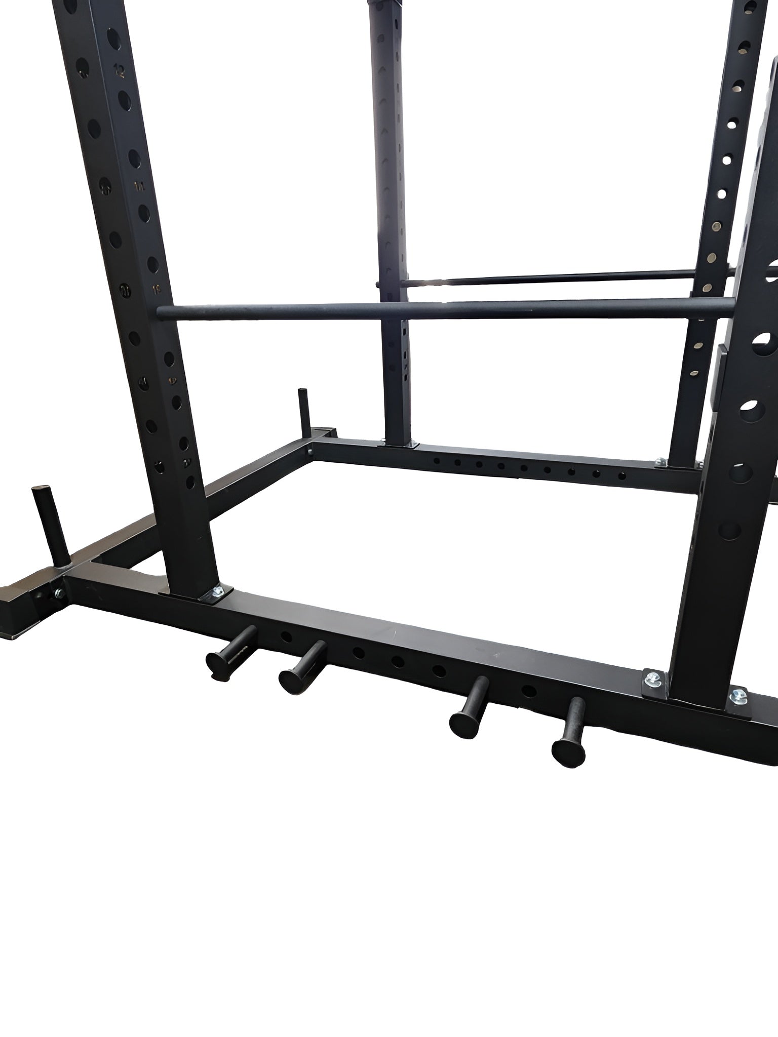 Accessoires inclus avec la cage commerciale 3x3 : barre lat pulldown, barre courte, J-Hooks, barres de sécurité et studs universels.