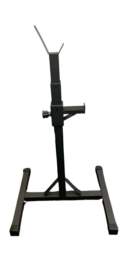 Chandelle pour squat et bench vue de profil. Démontre bien les supports pour barre et l'ajustement en hauteur.