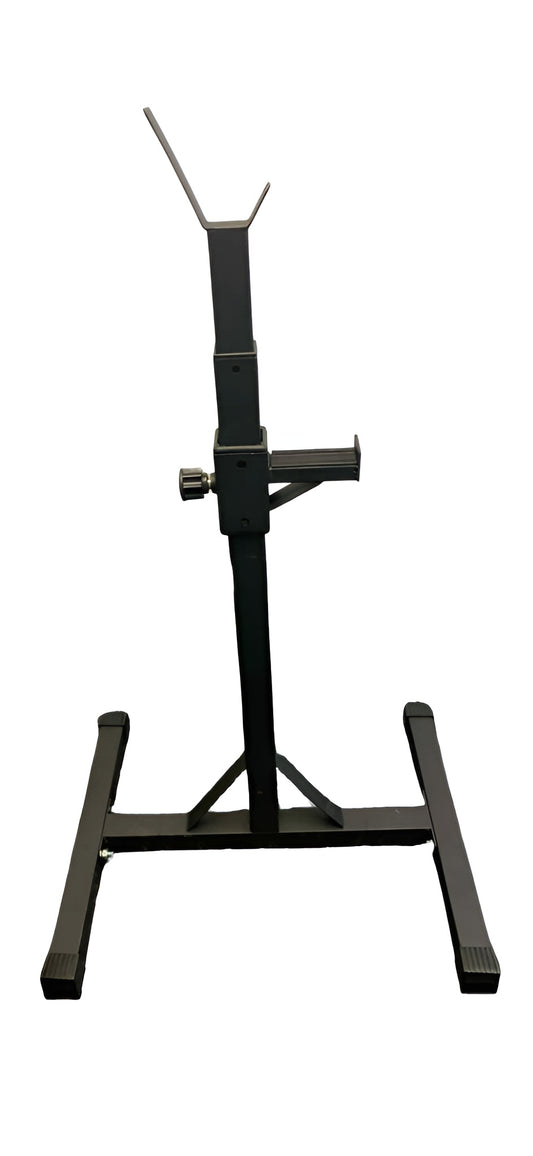 Chandelle pour squat et bench vue de profil. Démontre bien les supports pour barre et l'ajustement en hauteur.