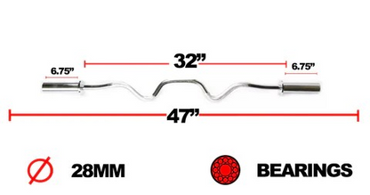 Dimensions de la barre Super EZ curl, notamment sa longueur totale de 47".