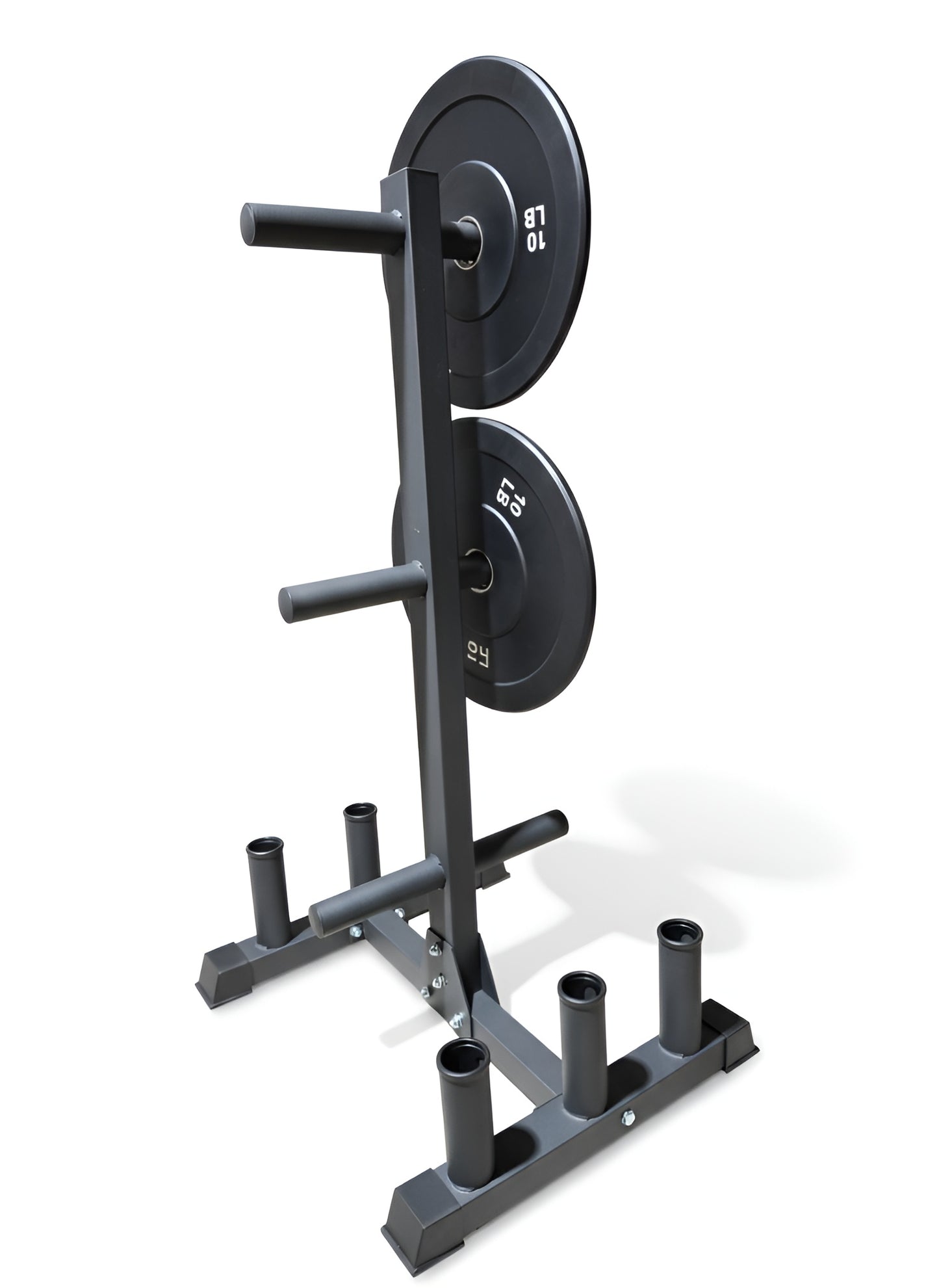 Support à plaques en acier supportant des bumper plates volumineux.