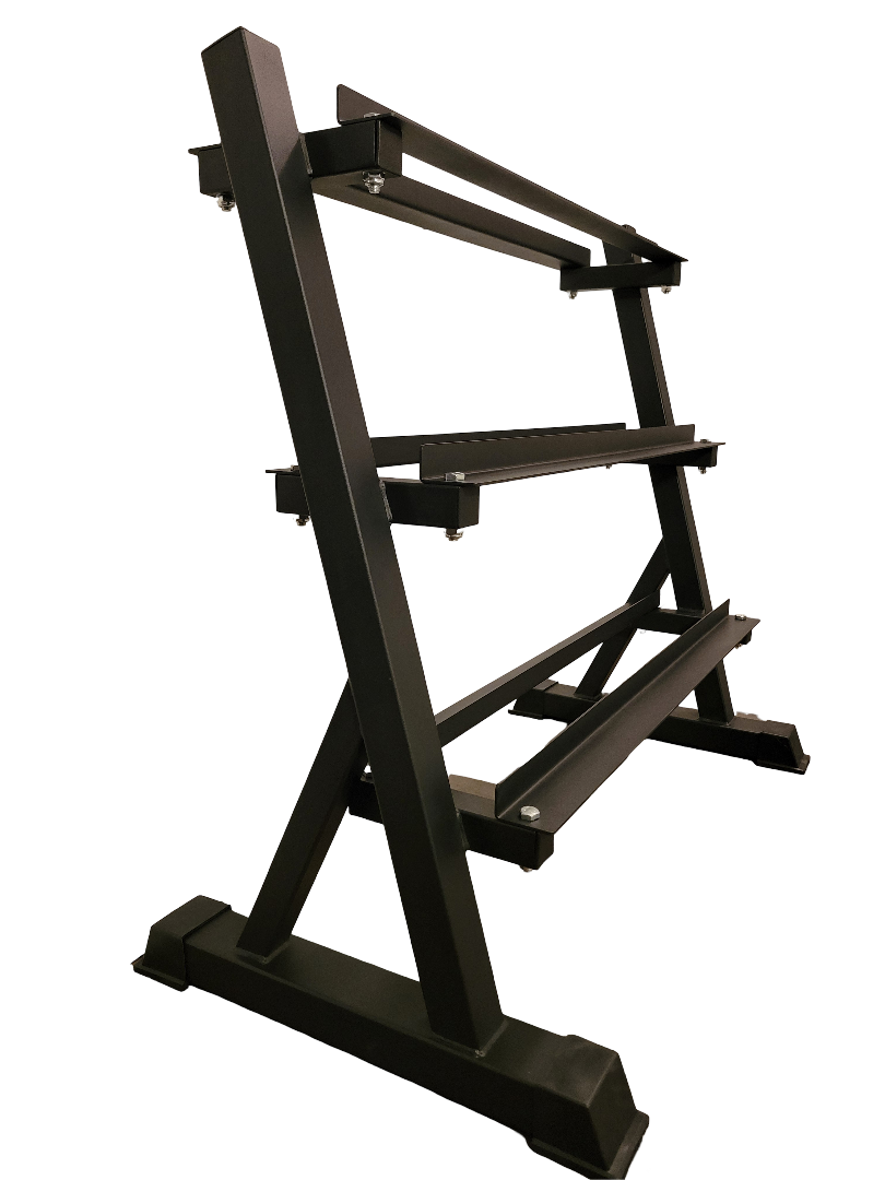 Dumbbell rack à 3 étages vu de côté.