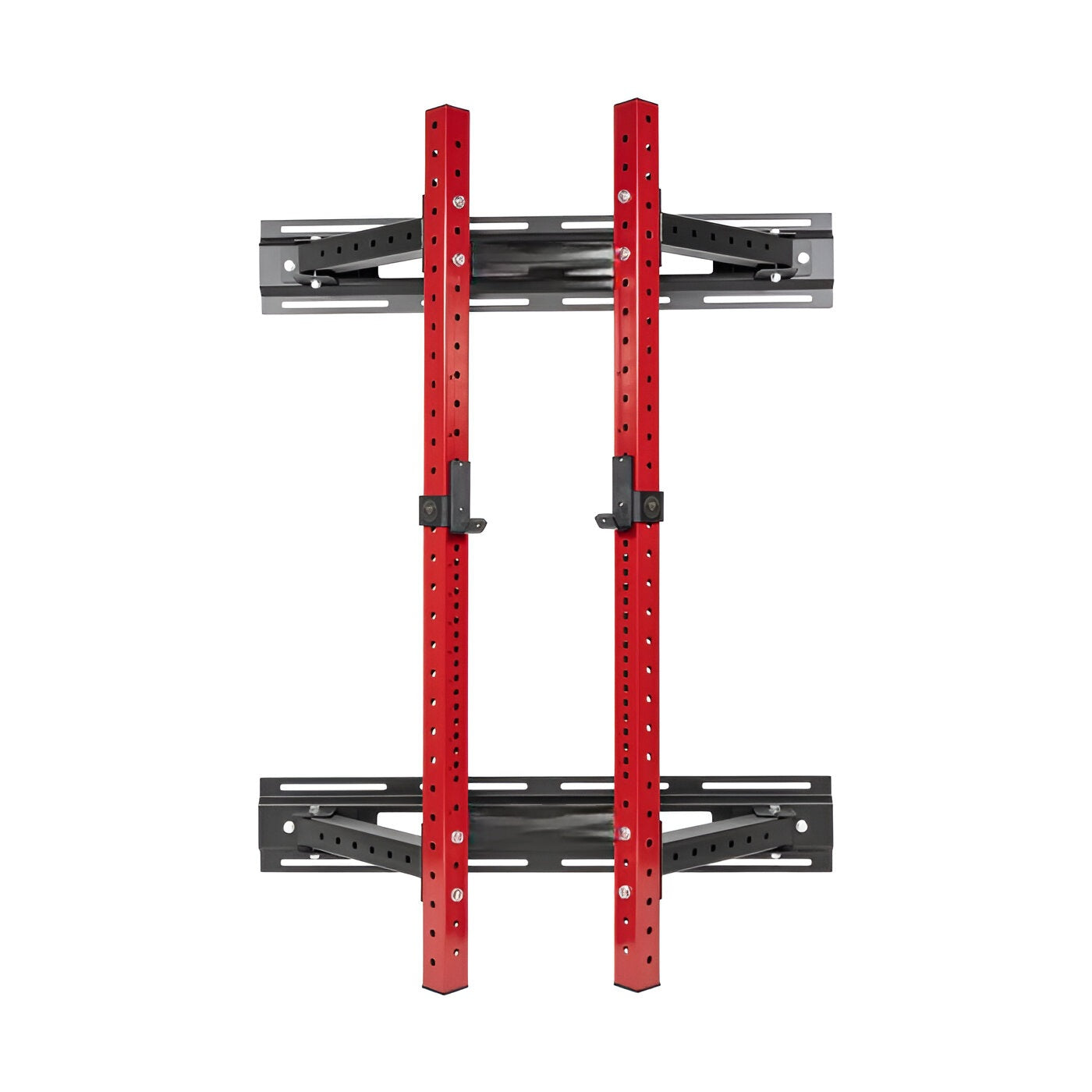 Structure de rack à squat 3x3 fixée au mur avec barre de traction et spotter arms, idéale pour les entraînements à domicile.