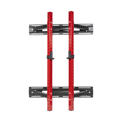 Structure de rack à squat 3x3 fixée au mur avec barre de traction et spotter arms, idéale pour les entraînements à domicile.
