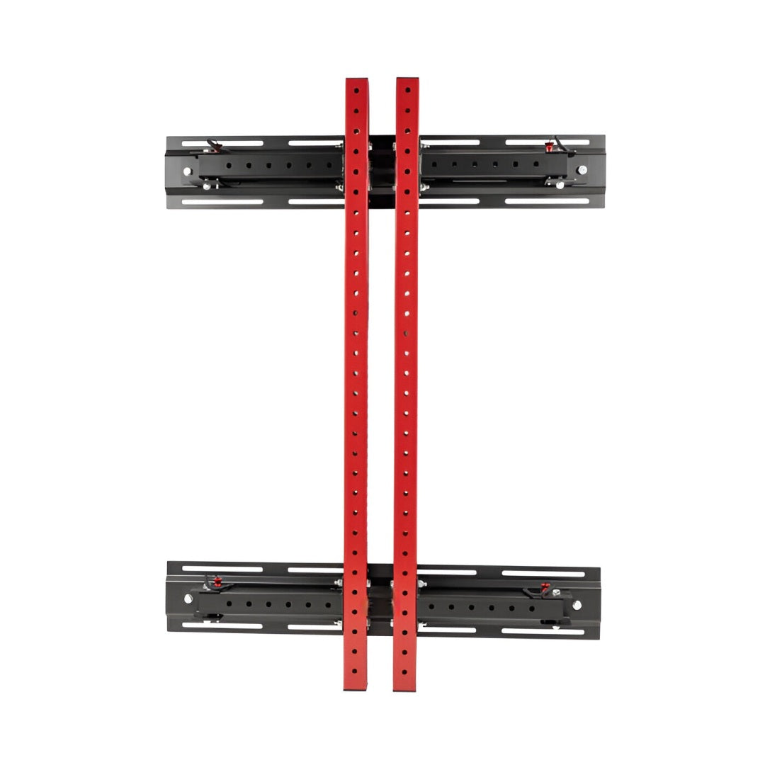 Rack à squat mural pliable 3x3 en acier robuste, replié contre le mur pour un gain d’espace maximal dans un gym maison.