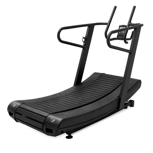 Vue latérale inclinée du tapis roulant incurvé professionnel HALT3R Fitness, montrant sa structure robuste en acier noir et ses poignées ergonomiques multi-prises.