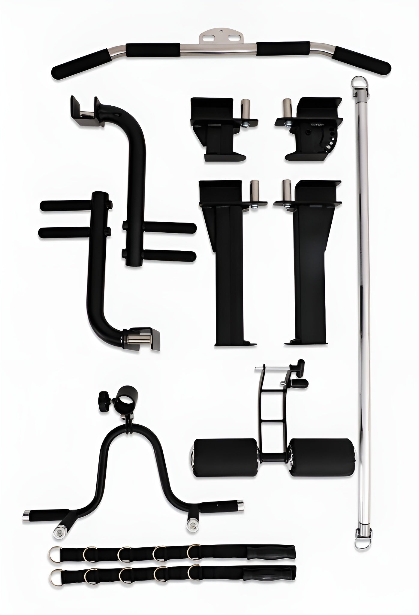 Accessoires inclus avec la Smith Machine PRO-X : poignées D, landmine, barres à dips, spotter arms et barre à poulie longue, prêts pour un entraînement complet et 