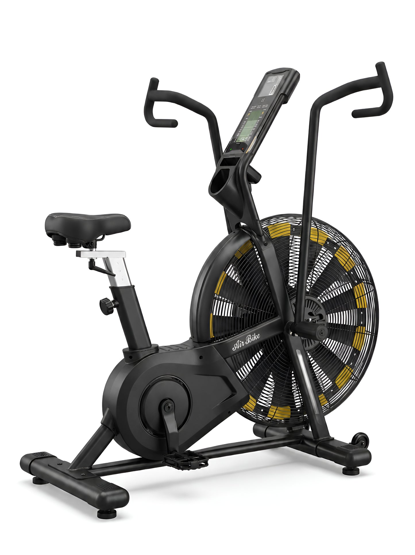Une vue de profil complet de l'Airbike HALT3R Fitness sur fond blanc. La structure robuste en acier noir est mise en valeur, ainsi que la transmission et le système de résistance à air. La selle est réglée à une hauteur moyenne.