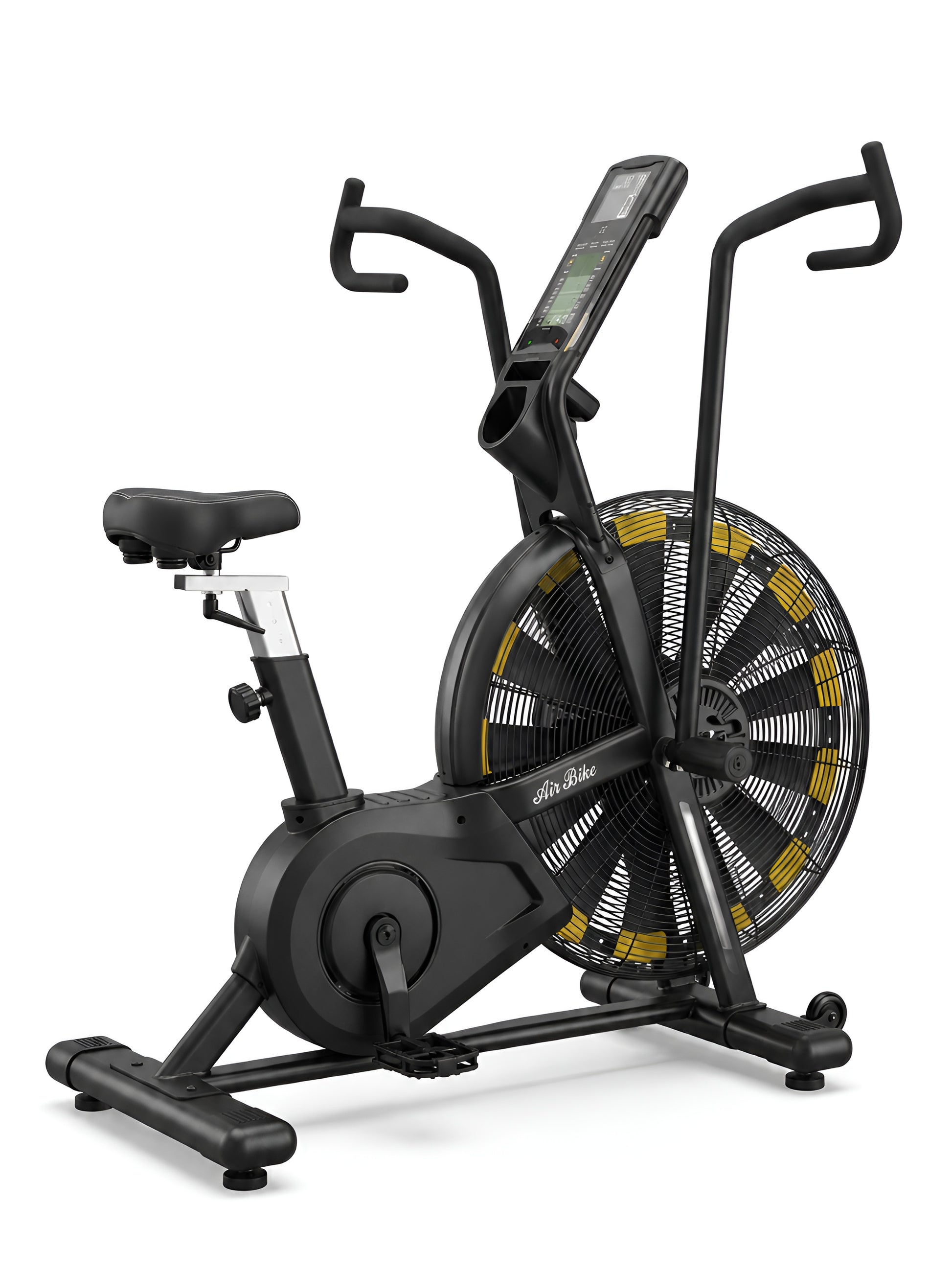 Une vue de profil complet de l'Airbike HALT3R Fitness sur fond blanc. La structure robuste en acier noir est mise en valeur, ainsi que la transmission et le système de résistance à air. La selle est réglée à une hauteur moyenne.