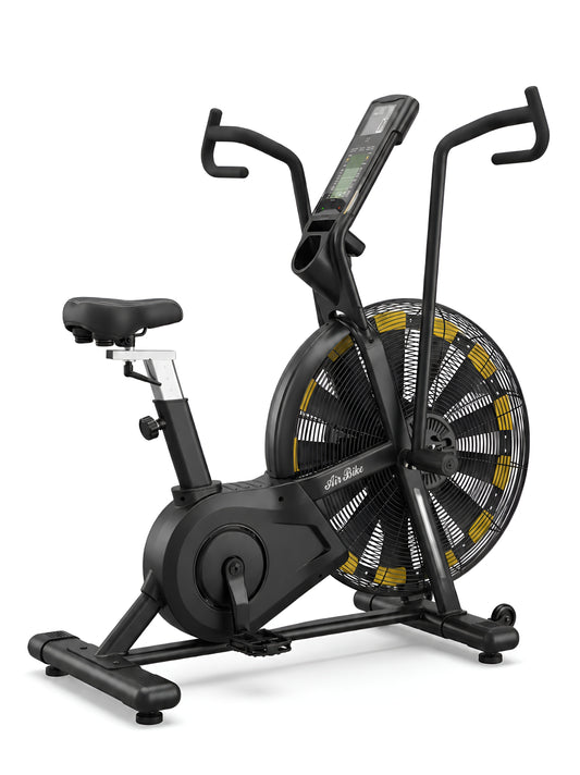 Une vue de profil complet de l'Airbike HALT3R Fitness sur fond blanc. La structure robuste en acier noir est mise en valeur, ainsi que la transmission et le système de résistance à air. La selle est réglée à une hauteur moyenne.