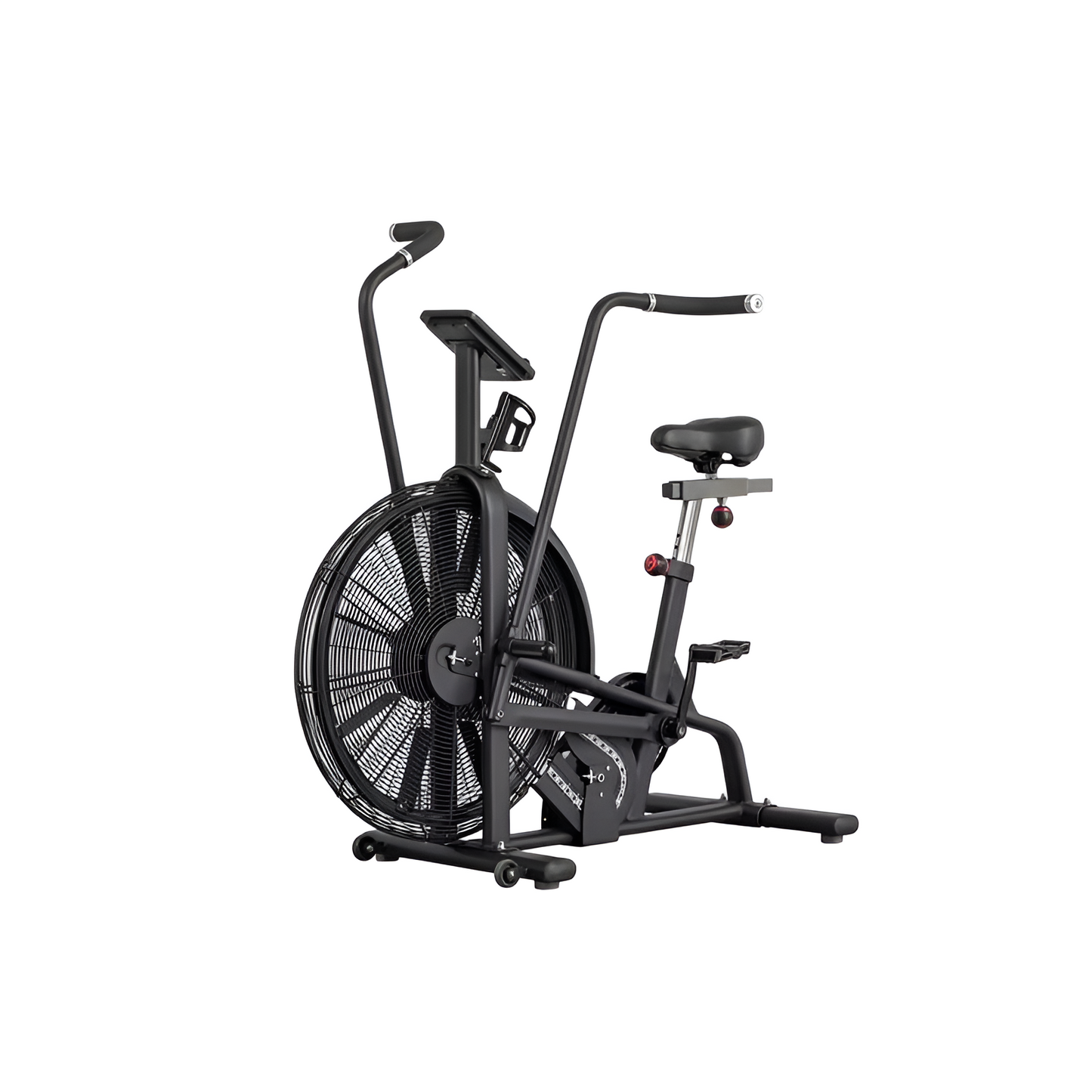 Vue en perspective de trois quarts avant du vélo à air noir "AIRBIKE", similaire à la précédente mais avec la console fixée en haut et le ventilateur orienté vers l'avant-gauche, sur un fond blanc uni.