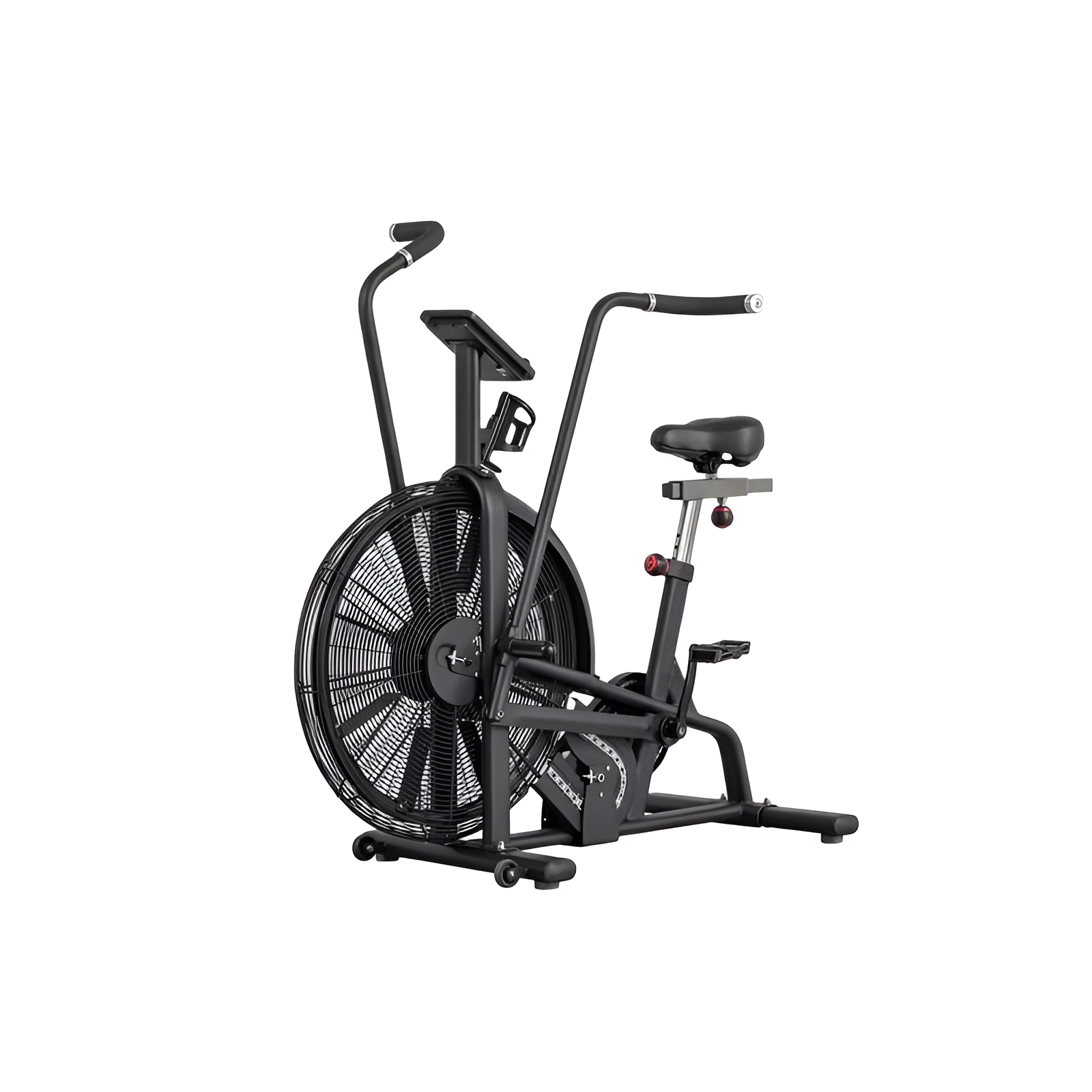 Vue en perspective de trois quarts avant du vélo à air noir "AIRBIKE", similaire à la précédente mais avec la console fixée en haut et le ventilateur orienté vers l'avant-gauche, sur un fond blanc uni.