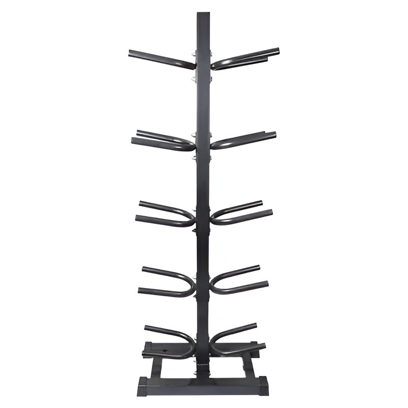 Rack de rangement vertical noir pour 10 ballons d'entraînement, vue de face. Support robuste en acier pour medicine balls, slam balls et wall balls, idéal pour optimiser l'espace en gym.