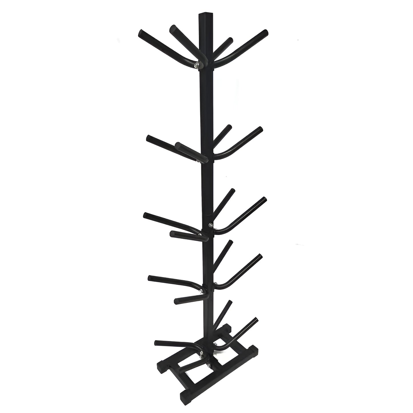 Support de rangement vertical à 5 niveaux pour ballons de fitness. Structure autoportante en acier noir avec bras doubles incurvés pouvant accueillir jusqu'à 10 ballons de différents poids.