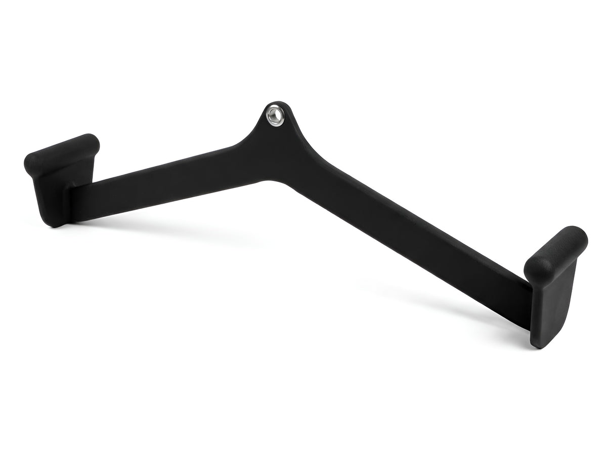 Barre de tirage Lat ergonomique 24 po noire avec poignées neutres et œillet d'attache central pour poulie.