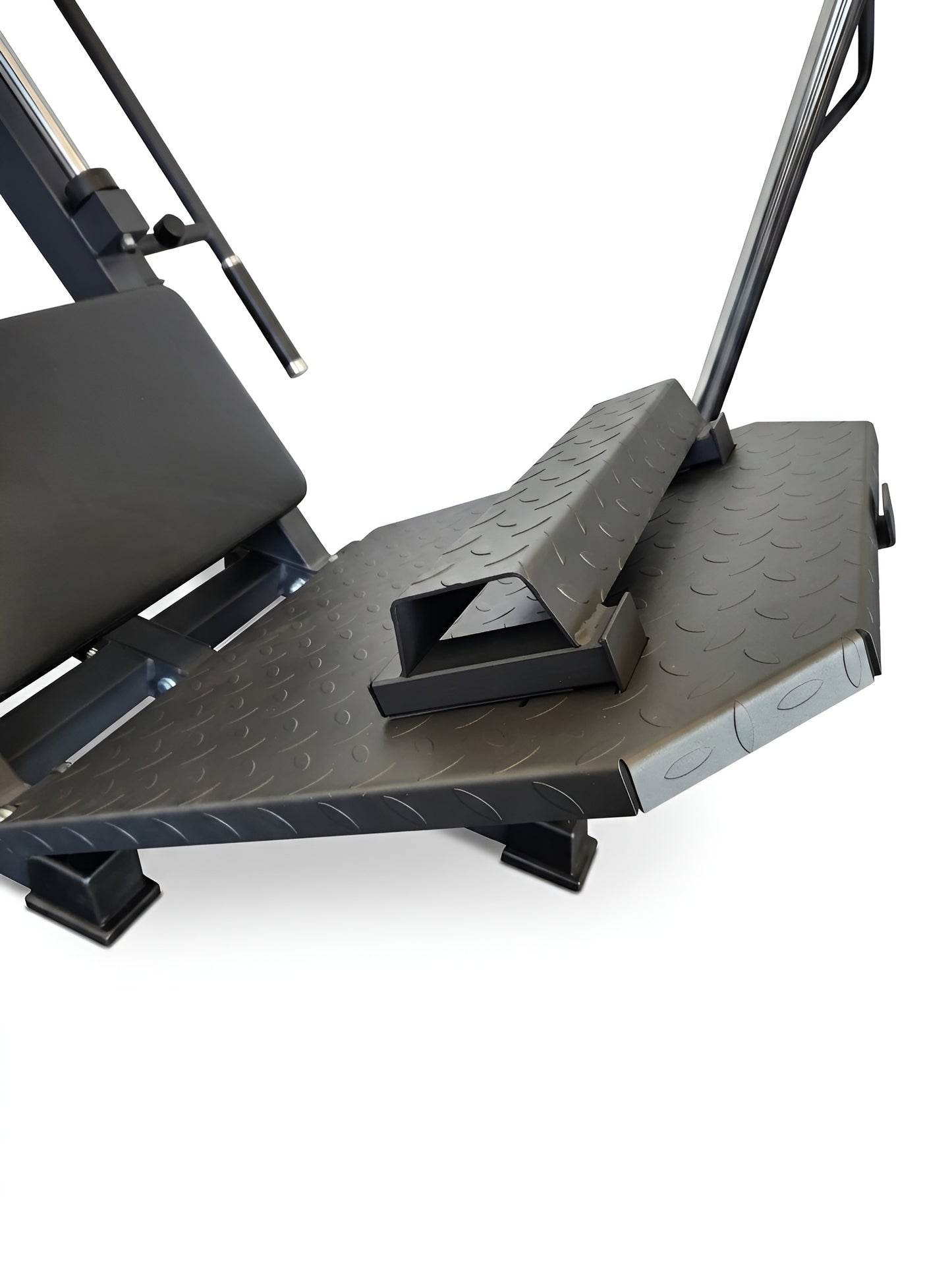 Gros plan sur le bloc amovible pour mollets fixé sur la plateforme de la Leg Press HALT3R, avec surface antidérapante.