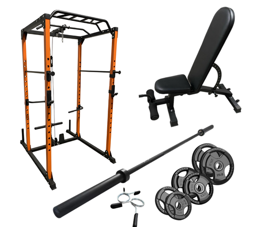 Ensemble complet d'entraînement comprenant un cage à squat, un banc ajustable semi-commercial, une barre olympique 7' ainsi que deux plaques de 25lbs, deux plaques de 10lbs, deux plaques de 5lbs et des collets de sureté.