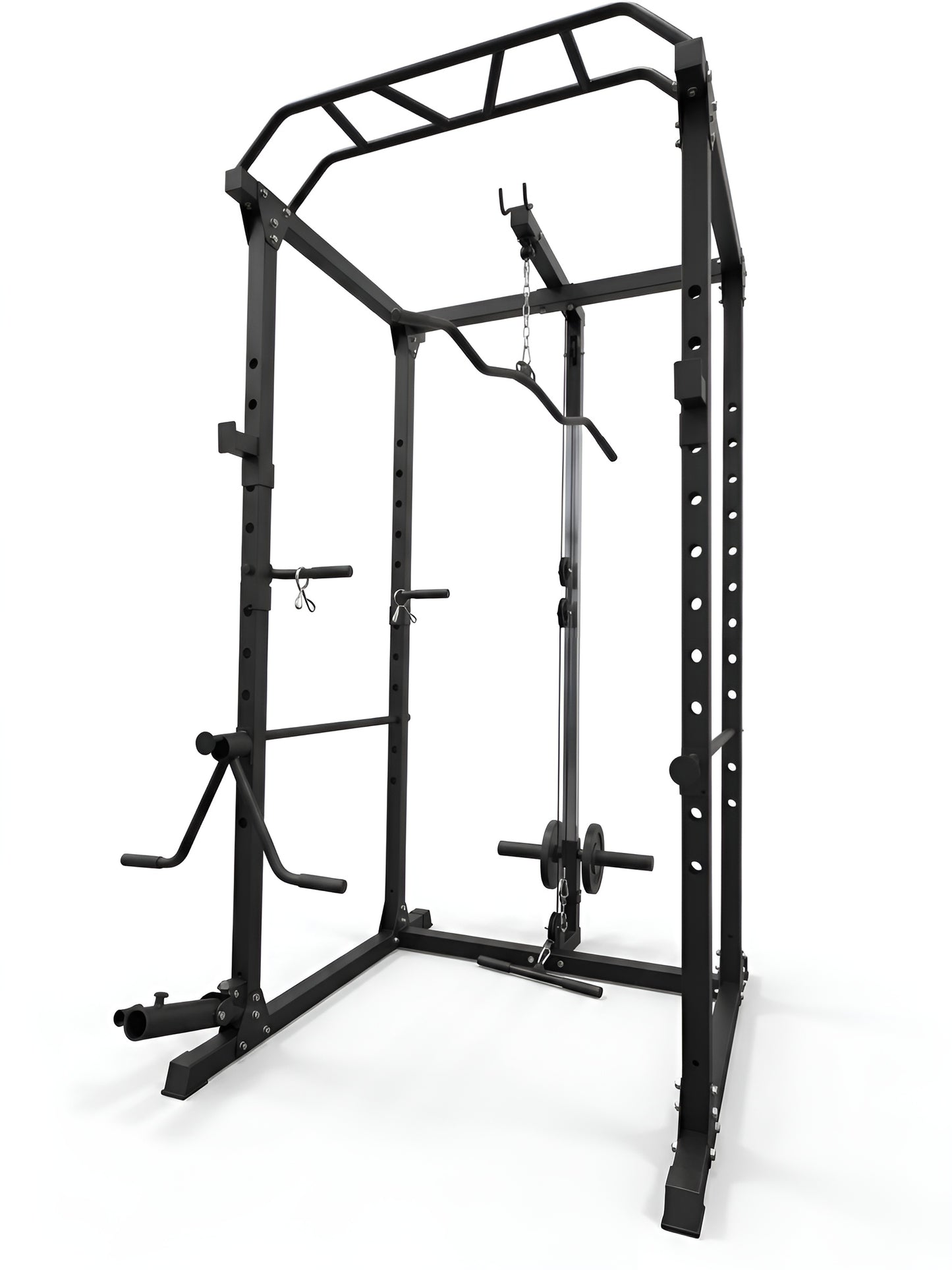 Vue de trois quarts arrière de la cage à squat 2x2 de HALT3R Fitness. La colonne de poulie avec le système de câbles et de disques de fonte est bien visible, tout comme la base large de la structure noire mate. Idéal pour un entraînement complet à domicile.
