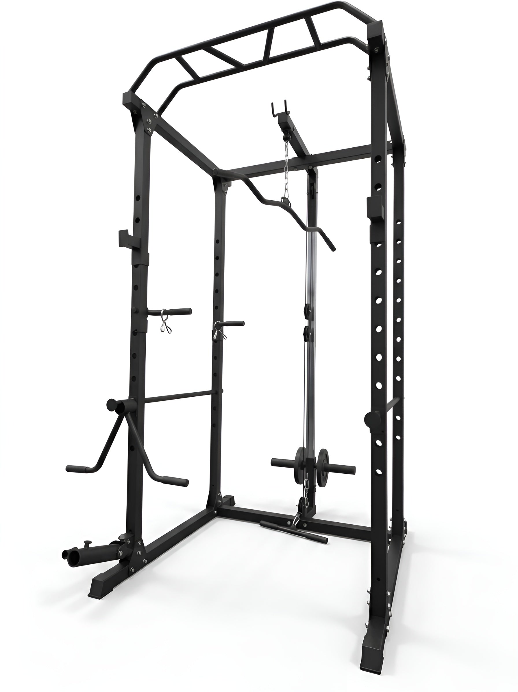 Vue de trois quarts arrière de la cage à squat 2x2 de HALT3R Fitness. La colonne de poulie avec le système de câbles et de disques de fonte est bien visible, tout comme la base large de la structure noire mate. Idéal pour un entraînement complet à domicile.