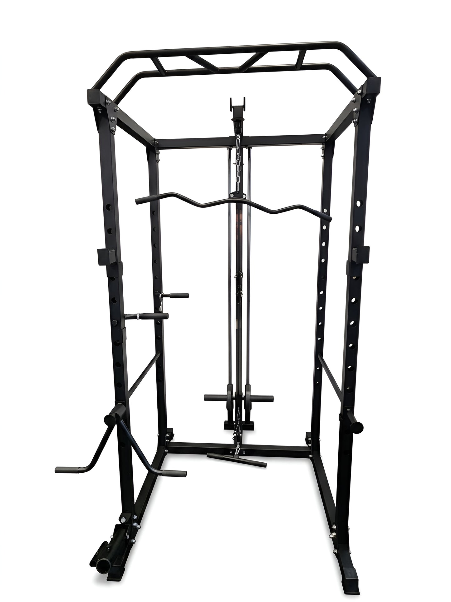 Vue de face de la cage à squat 2x2 de HALT3R Fitness, structure en acier noir. On distingue clairement la poulie latissimus (lat pulldown) avec sa barre, ainsi que les différents accessoires de rangement et de sécurité (j-cups, bras de levier landmine).