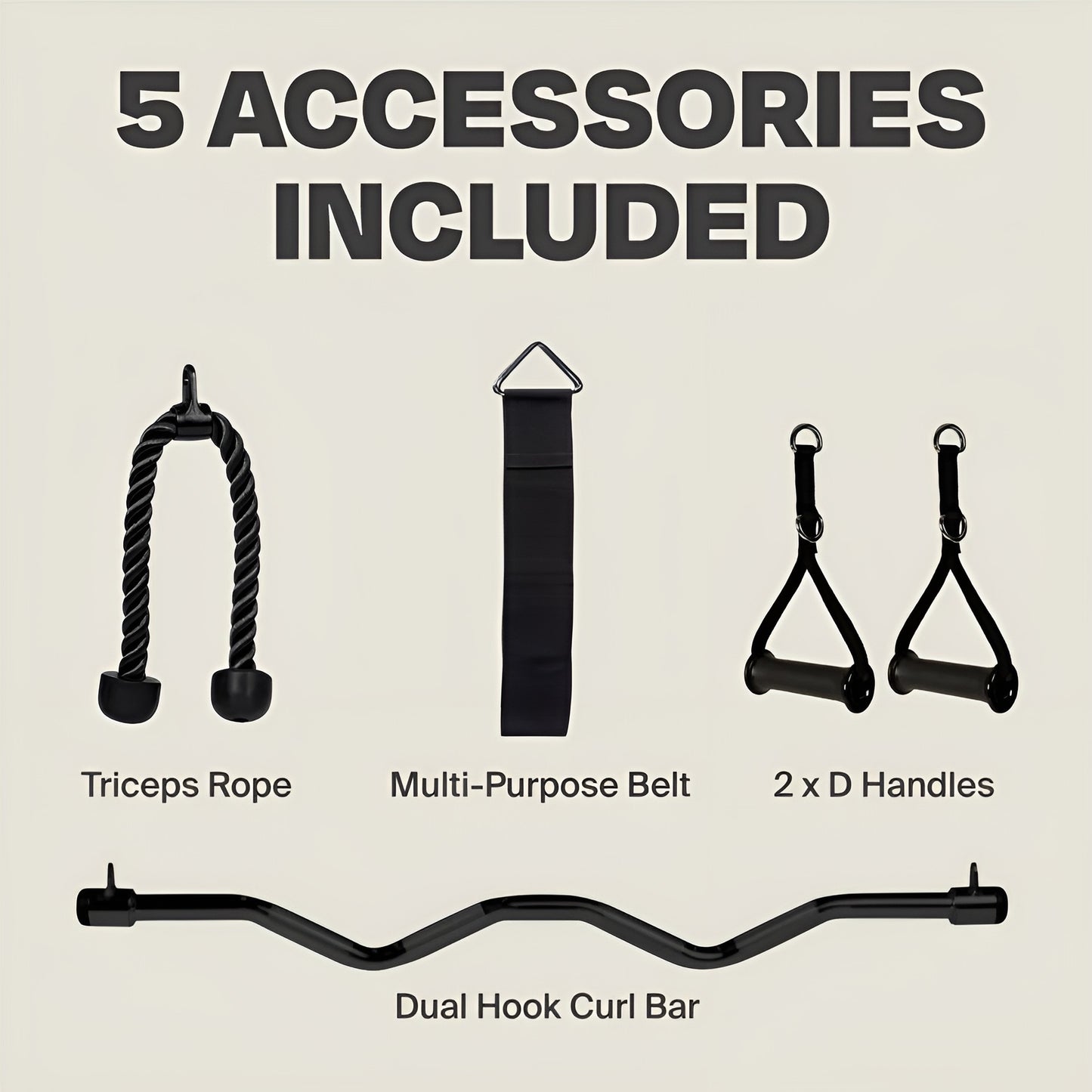 Vue d'ensemble du kit de 5 accessoires inclus avec le Functional Trainer Centr 2 HALT3R Fitness, incluant corde à triceps, ceinture, poignées en D et barre de curl.