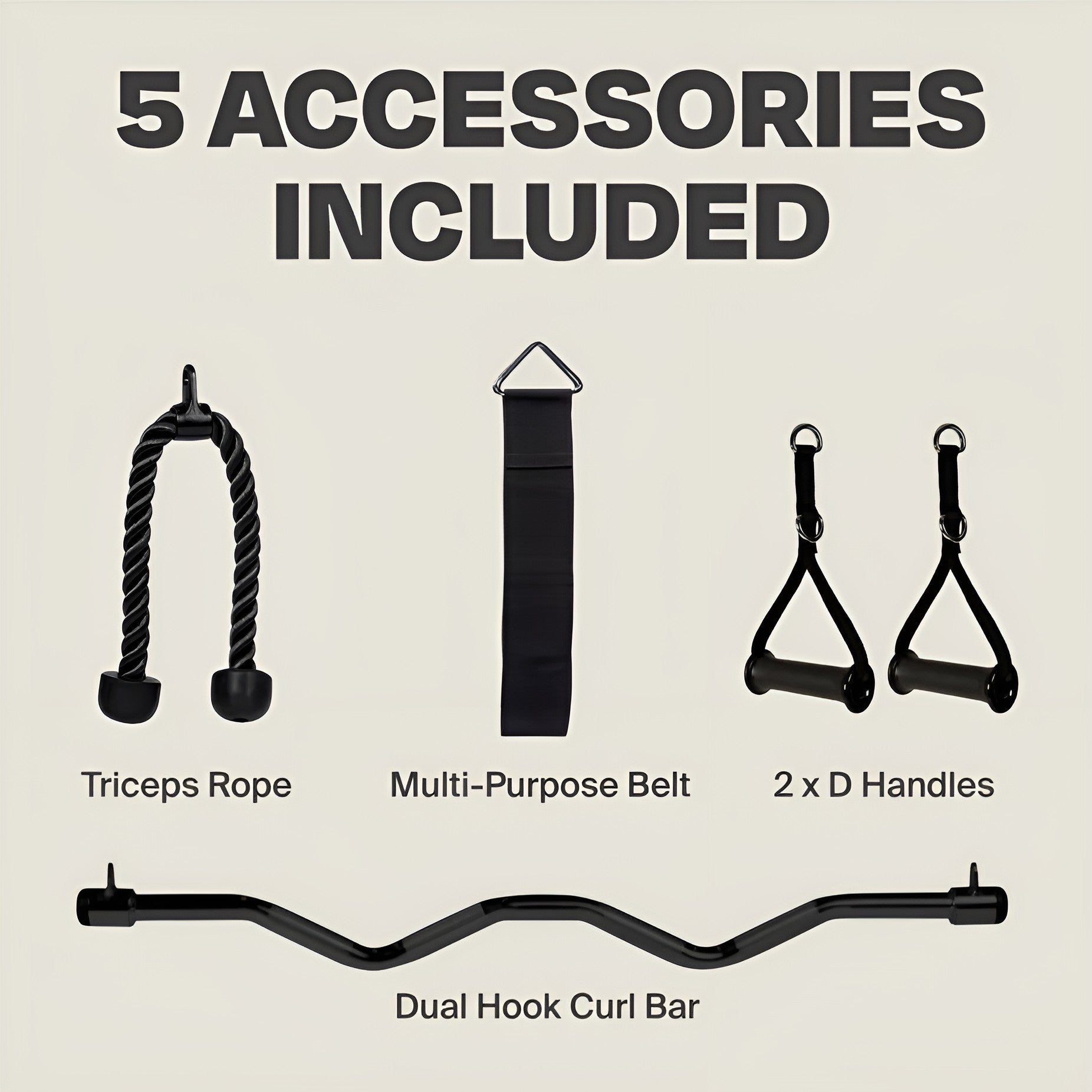Vue d'ensemble du kit de 5 accessoires inclus avec le Functional Trainer Centr 2 HALT3R Fitness, incluant corde à triceps, ceinture, poignées en D et barre de curl.