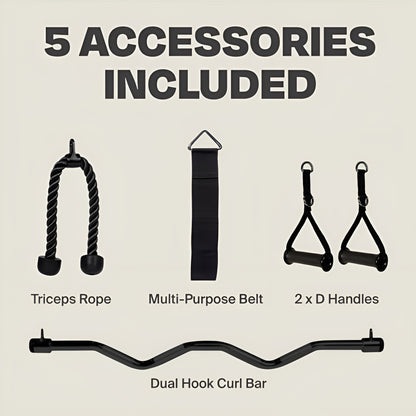 Vue d'ensemble du kit de 5 accessoires inclus avec le Functional Trainer Centr 2 HALT3R Fitness, incluant corde à triceps, ceinture, poignées en D et barre de curl.