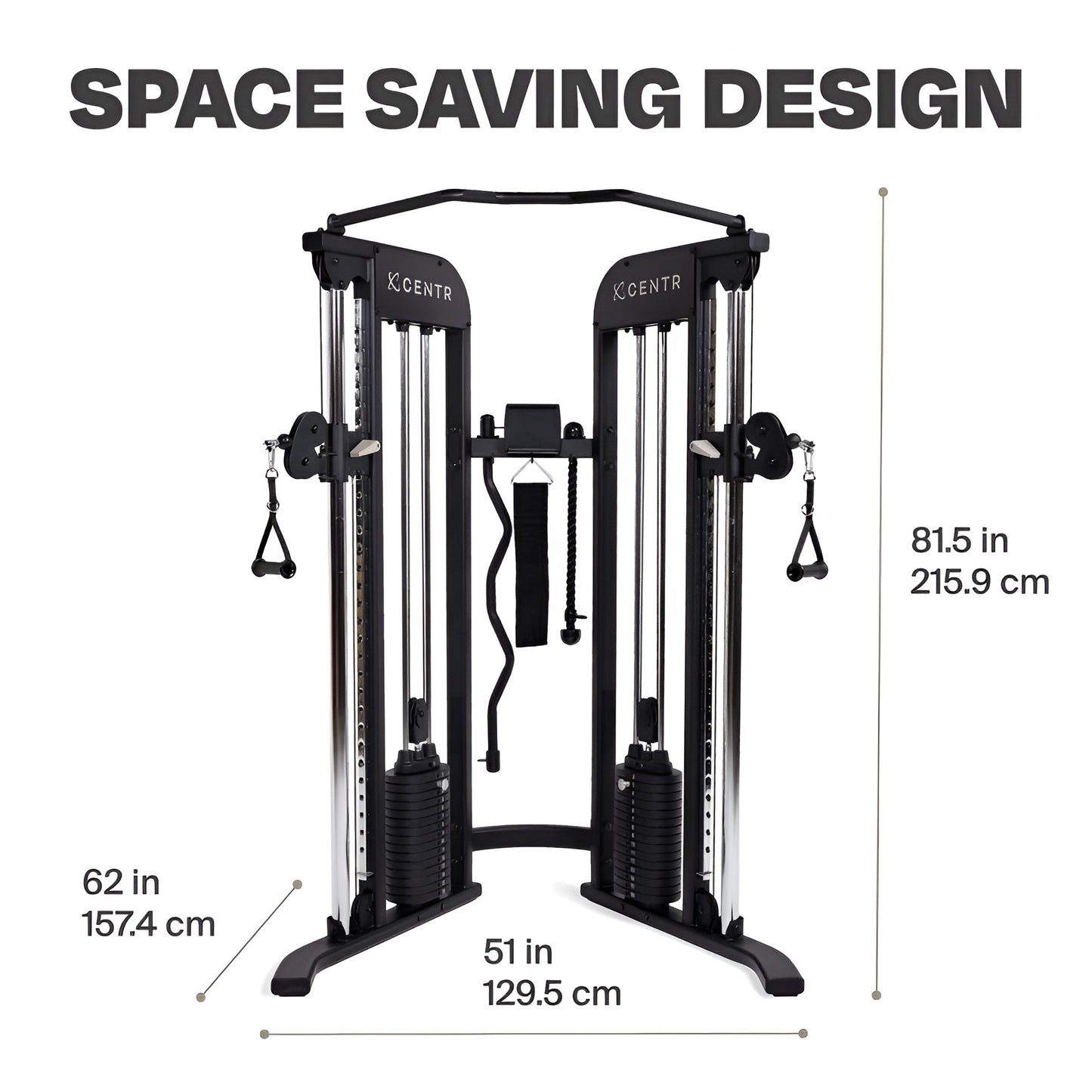 Schéma des dimensions et du design compact du Functional Trainer Centr 2 HALT3R Fitness, affichant la hauteur, la largeur et la profondeur de l'appareil.