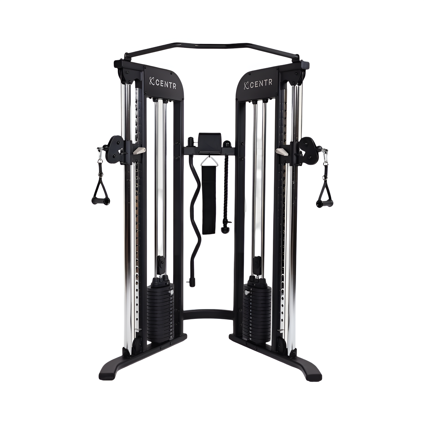 Vue de face du Functional Trainer Centr 2 HALT3R Fitness en acier noir mat, montrant ses doubles colonnes de poids et sa barre de traction intégrée.