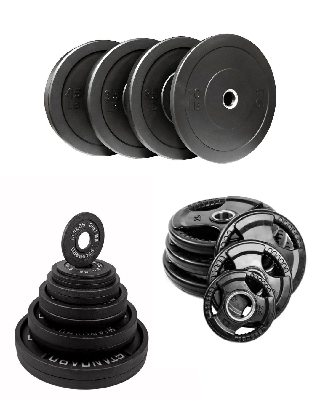 Comparaison visuelle des plaques olympiques HALT3R : modèle Tri-Grip recouvert de caoutchouc, plaques en fonte traditionnelles et plaques bumper épaisses pour l’haltérophilie.