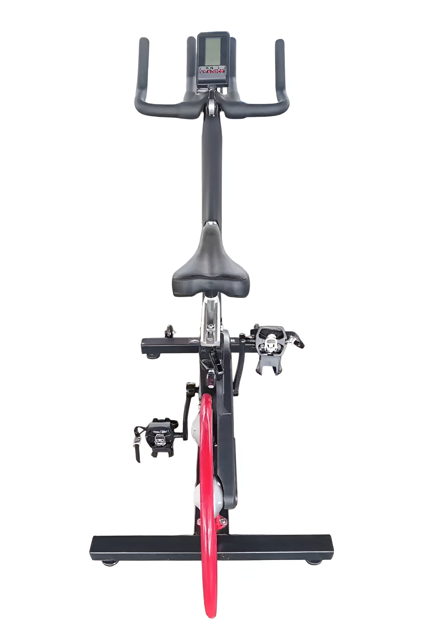 Vélo de spinning professionnel vue de face, montrant le guidon, la console et le système de pédalier.