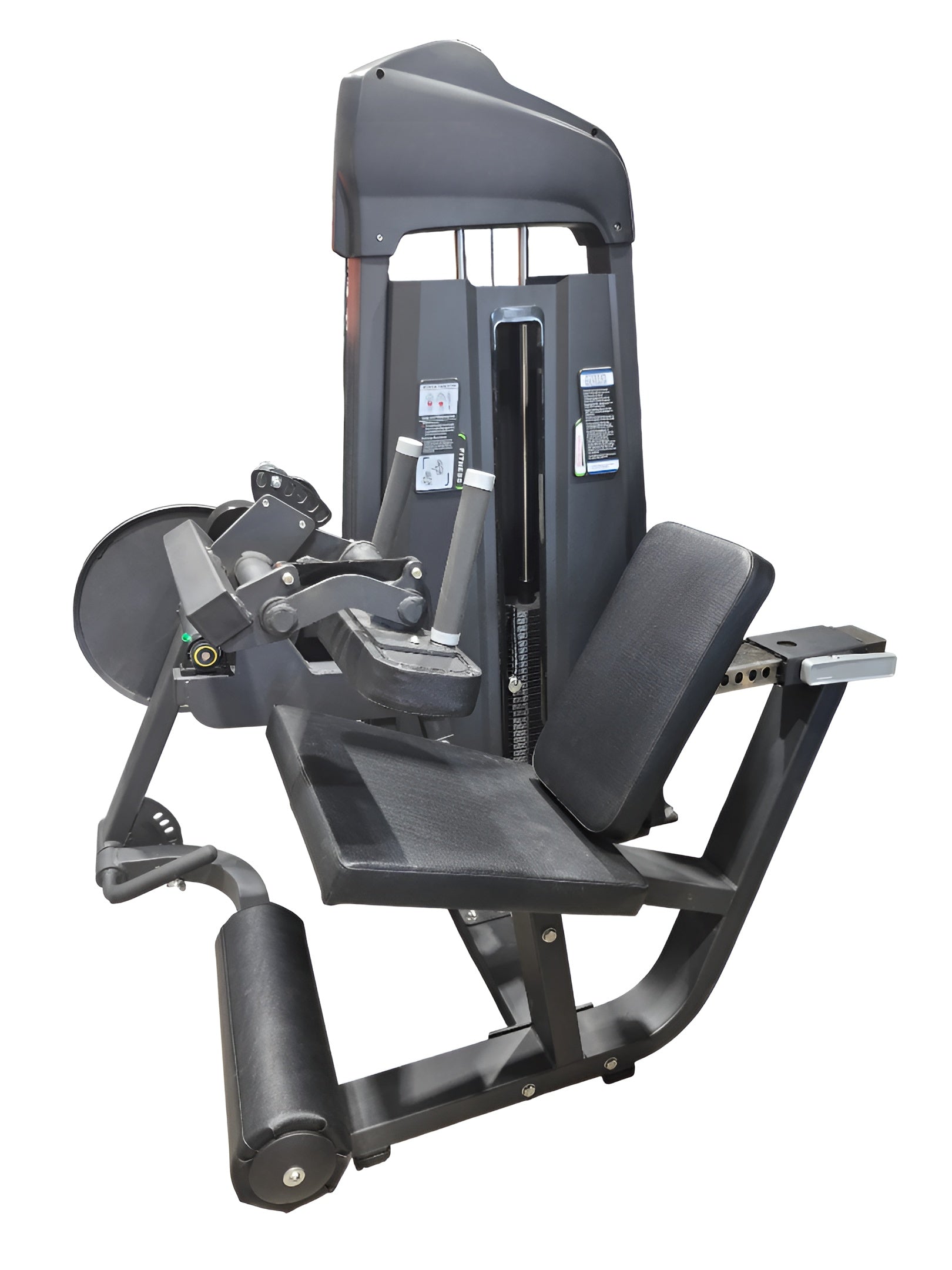 Vue de trois quarts de la machine combo Leg Extension / Leg Curl commerciale, montrant son siège incliné, ses rouleaux rembourrés et sa colonne de poids intégrée.