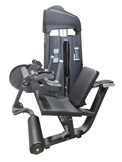 Vue de trois quarts de la machine combo Leg Extension / Leg Curl commerciale, montrant son siège incliné, ses rouleaux rembourrés et sa colonne de poids intégrée.